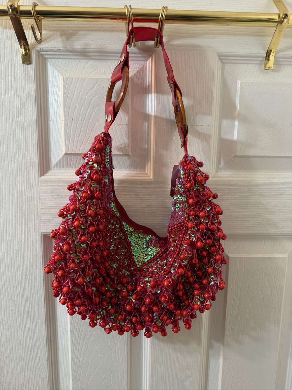 Red Beaded Sequin Shoulder Bag with Wooden Accent Strap